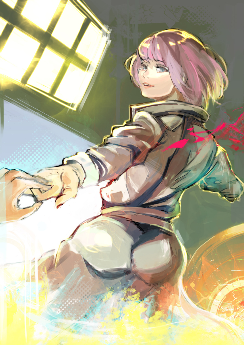 1girl absurdres ass bangs brown_background brown_coat coat eyebrows_visible_through_hair from_behind gradient gradient_background grey_background hair_over_one_eye highres ihei_hairu kyuuba_melo long_sleeves looking_back open_mouth pink_hair shiny shiny_hair short_hair smile solo teeth tokyo_ghoul tokyo_ghoul:re upper_teeth window