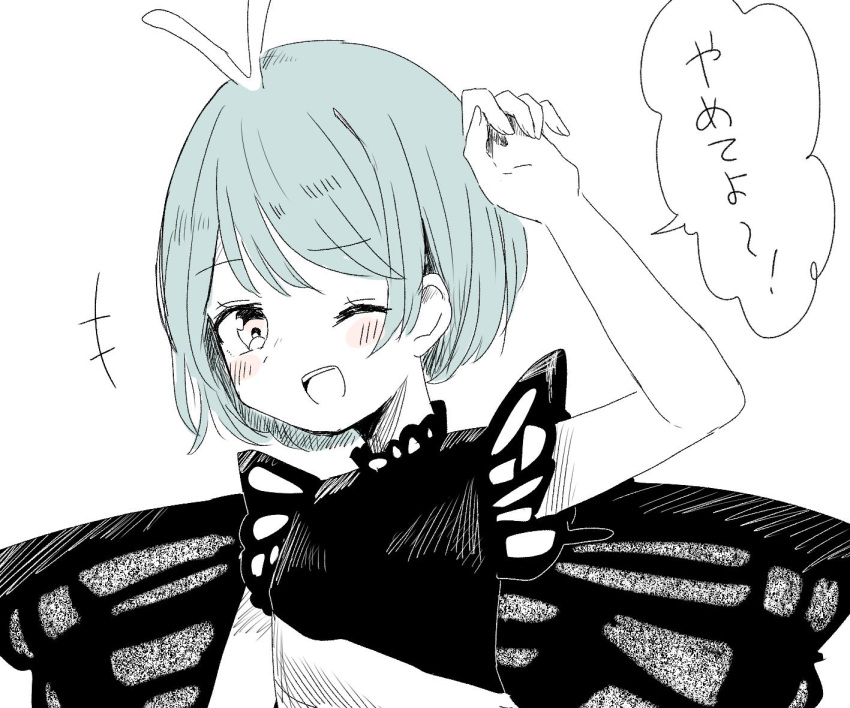 +++ 1girl antennae aqua_hair blush butterfly_wings dress eternity_larva eyebrows_visible_through_hair fairy hair_between_eyes leaf leaf_on_head multicolored_clothes multicolored_dress one_eye_closed open_mouth short_hair short_sleeves simple_background single_strap smile solo speech_bubble spot_color suzushiro_(daikon793) thigh-highs touhou translation_request upper_body white_background wings