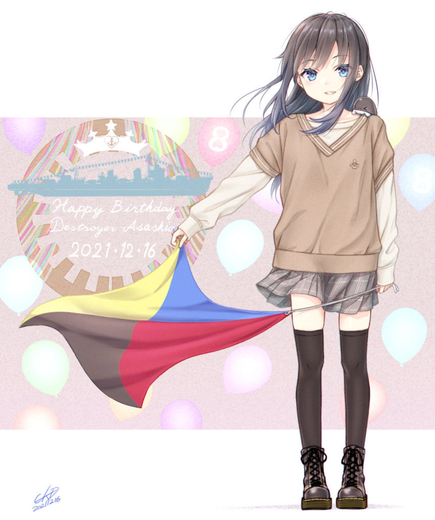 1girl 1other abyssal_ship alternate_costume asashio_(kancolle) black_footwear black_hair black_legwear blue_eyes blush boots cross-laced_footwear dated eyebrows_visible_through_hair gotou_hisashi grey_skirt happy_birthday highres i-class_destroyer kantai_collection kuchiku_i-kyuu lace-up_boots layered_sleeves long_hair long_sleeves open_mouth pleated_skirt shirt short_over_long_sleeves short_sleeves skirt smile thigh-highs white_shirt