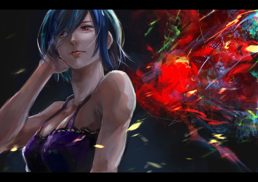 1girl absurdres alternate_hair_color bangs bare_arms bare_shoulders black_background blue_hair bra breasts closed_mouth colorful crying hair_between_eyes highres kagune_(tokyo_ghoul) kirishima_touka kyuuba_melo letterboxed medium_breasts multicolored_background official_style purple_bra red_eyes red_lips shiny shiny_hair short_hair tears tokyo_ghoul underwear