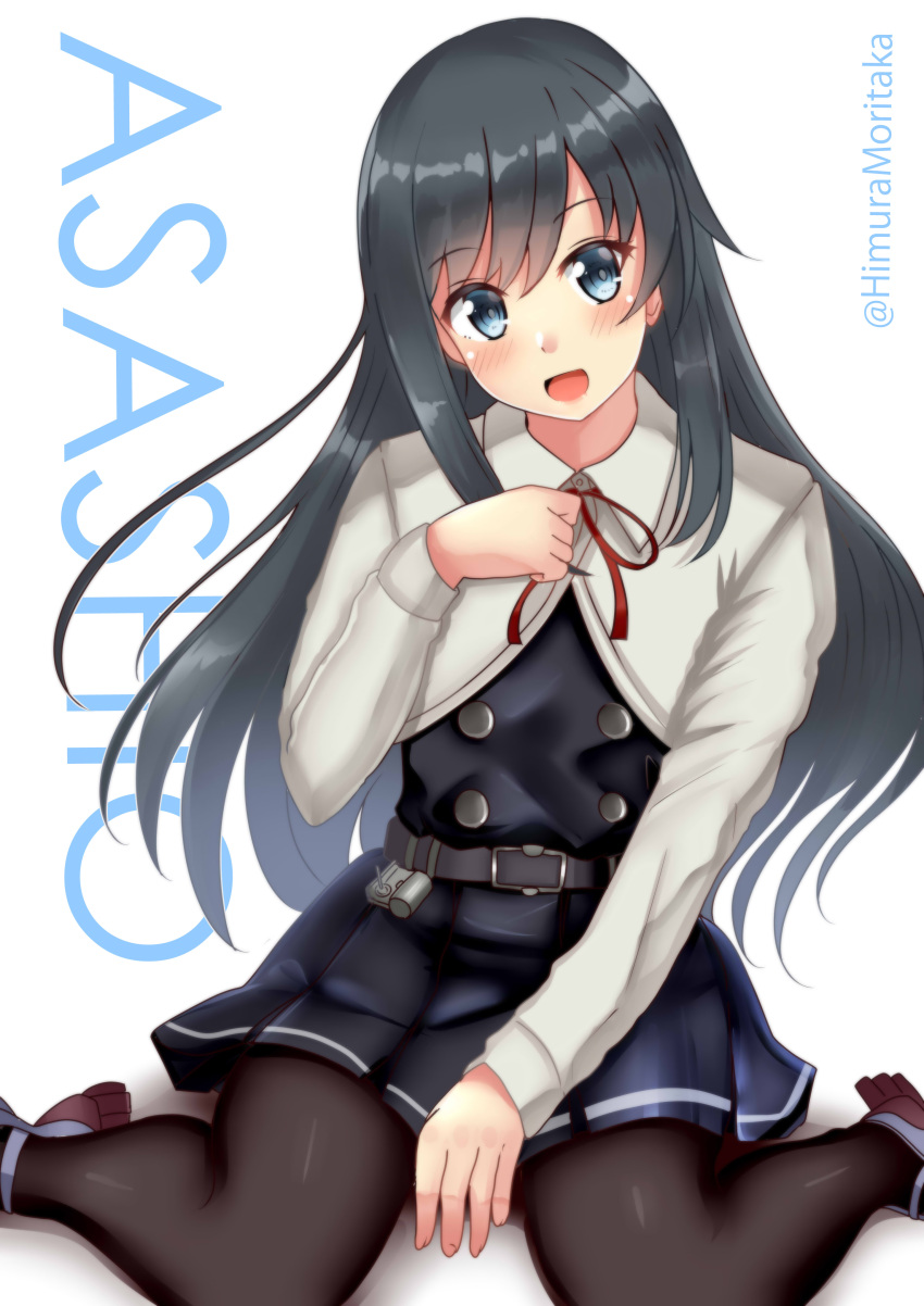 1girl absurdres asashio_(kancolle) belt black_hair black_legwear blue_eyes character_name dress eyebrows_visible_through_hair hair_between_eyes highres himura_moritaka kantai_collection long_hair long_sleeves looking_at_viewer neck_ribbon one-hour_drawing_challenge open_mouth pantyhose pinafore_dress red_neckwear remodel_(kantai_collection) ribbon shirt sitting skirt smile solo twitter_username white_background white_shirt