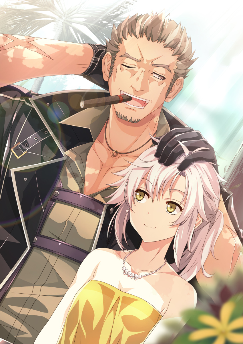 1boy 1girl absurdres black_jacket cigar collar dress eiyuu_densetsu father_and_daughter fie_claussell flat_chest gloves green_eyes grey_eyes hand_on_another's_head highres jacket jewelry kurai0127 light_brown_hair muscular muscular_male necklace pearl_necklace ponytail rutger_claussell scar scar_on_arm sen_no_kiseki sen_no_kiseki_iii sen_no_kiseki_iv smile smoking white_hair yellow_dress