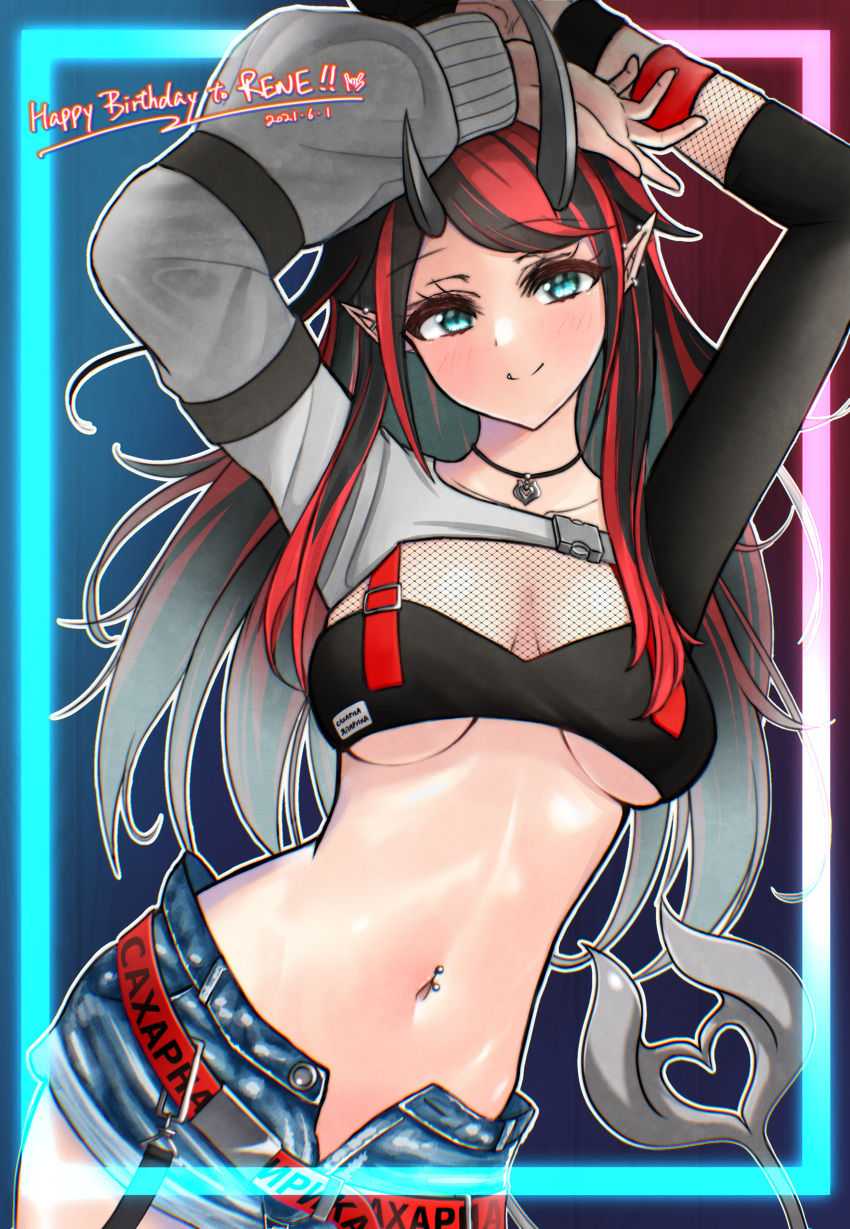 1girl absurdres arm_strap arms_up bangs belt bikini bikini_top black_bikini black_hair blue_eyes blue_shorts blush breasts closed_mouth commentary_request contrapposto cowboy_shot demon_girl demon_horns demon_tail ear_piercing eyebrows_visible_through_hair fishnet_top fishnets happy_birthday highres horns jewelry large_breasts long_hair looking_at_viewer loose_belt midriff multicolored_hair navel navel_piercing necklace neon_trim official_alternate_costume open_fly piercing pointy_ears red_belt redhead russian_text ryugasaki_rene sanada_shinka short_shorts shorts shrug_(clothing) single_sleeve smile solo sugar_lyric suspenders swimsuit tail two-tone_hair under_boob virtual_youtuber