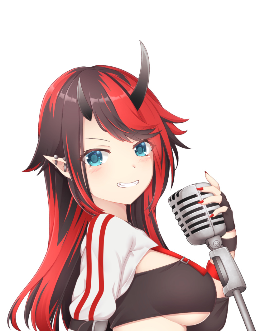 1girl arm_strap bangs bikini bikini_top black_bikini black_hair blue_eyes blush breasts commentary_request compression_sleeve demon_girl demon_horns ear_piercing eyebrows_visible_through_hair grin highres holding holding_microphone horns jacket large_breasts long_hair looking_at_viewer looking_to_the_side microphone multicolored_hair nail_polish official_alternate_costume piercing pointy_ears red_nails redhead rin_(0917608) ryugasaki_rene shrug_(clothing) simple_background smile solo striped striped_jacket sugar_lyric swimsuit transparent_background two-tone_hair under_boob upper_body virtual_youtuber white_jacket