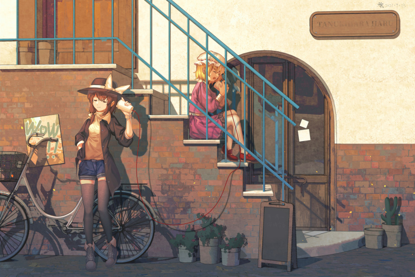 2girls alternate_costume bangs bicycle black_coat blonde_hair board boots bow breasts brick_wall brown_footwear brown_hair bush cactus closed_eyes coat collared_dress cup denim denim_shorts door dress fedora flower flower_pot furahata_gen ground_vehicle hat hat_bow highres maribel_hearn medium_breasts medium_dress multiple_girls outdoors purple_dress red_flower red_footwear road road_sign romaji_text short_hair shorts sign sitting sitting_on_stairs smile stairs standing street string string_of_fate string_phone sweater thigh-highs touhou turtleneck turtleneck_sweater usami_renko wavy_hair white_bow