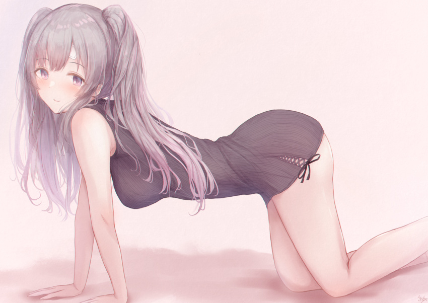 1girl ass bandaid bandaid_on_face bare_legs blush breasts cross-laced_clothes dress feet_out_of_frame gameso grey_hair hands_on_ground highres idolmaster idolmaster_shiny_colors kneeling light_smile looking_at_viewer looking_to_the_side medium_breasts no_pants side_slit simple_background sleeveless sleeveless_dress solo striped striped_dress twintails yuukoku_kiriko