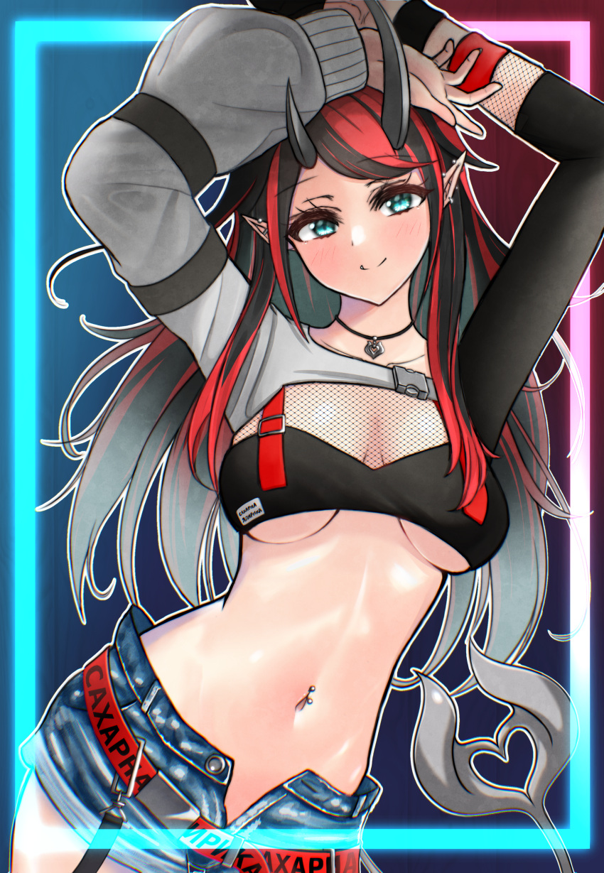1girl absurdres arm_strap arms_up bangs belt bikini bikini_top black_bikini black_hair blue_eyes blue_shorts blush breasts closed_mouth commentary_request contrapposto cowboy_shot demon_girl demon_horns demon_tail ear_piercing eyebrows_visible_through_hair fishnet_top fishnets highres horns jewelry large_breasts long_hair looking_at_viewer loose_belt midriff multicolored_hair navel navel_piercing necklace neon_trim official_alternate_costume open_fly piercing pointy_ears red_belt redhead russian_text ryugasaki_rene sanada_shinka short_shorts shorts shrug_(clothing) single_sleeve smile solo sugar_lyric suspenders swimsuit tail textless two-tone_hair under_boob virtual_youtuber