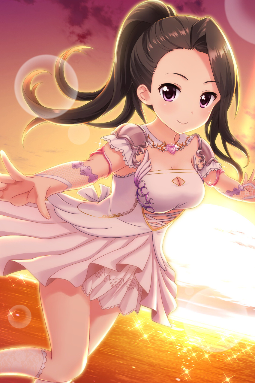 1girl absurdres alternative_girls armor artist_request closed_mouth dress eyebrows_visible_through_hair heart highres jewelry looking_at_viewer ocean official_art open_hand pauldrons ponytail saionji_rei shoulder_armor smile solo sun sunlight sunset violet_eyes white_dress