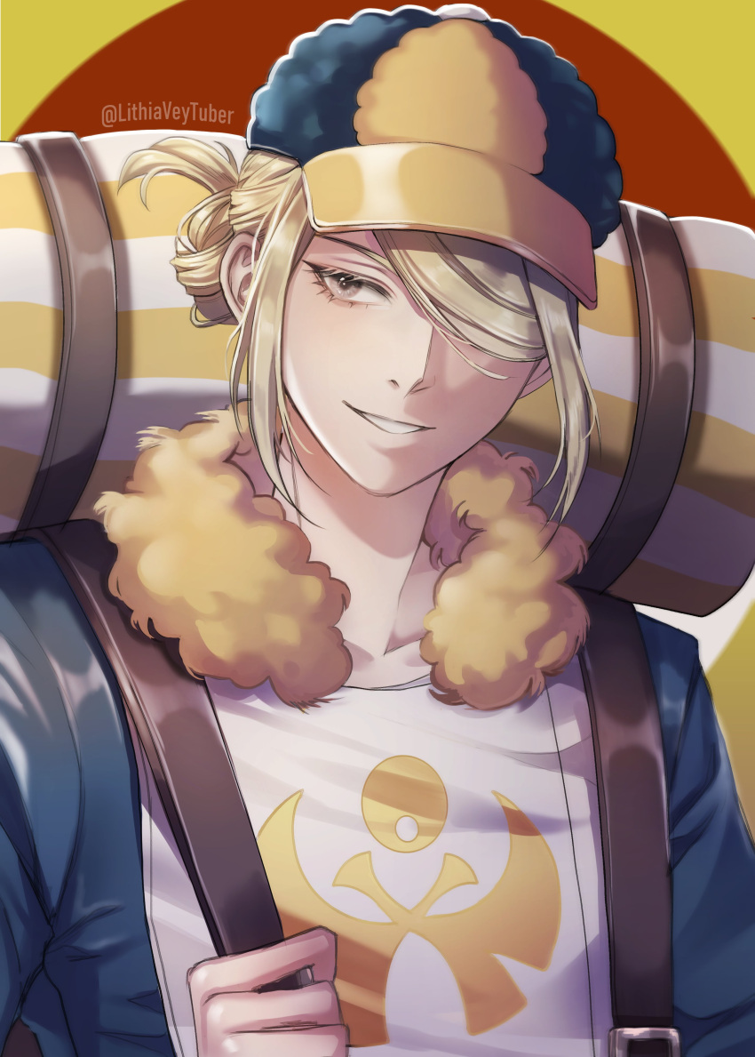 1boy absurdres blonde_hair collar commentary english_commentary eyelashes fur_collar grey_eyes hair_bun hair_over_one_eye highres holding_strap lithia_vey male_focus parted_lips pokemon pokemon_(game) pokemon_legends:_arceus short_hair smile solo twitter_username upper_body volo_(pokemon) watermark