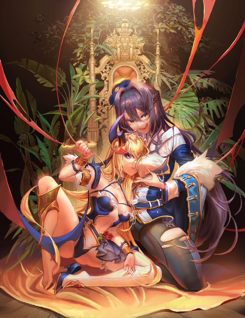 2girls bangs between_breasts black_hair blonde_hair blue_eyes braid breasts closed_mouth flower hat head_between_breasts high_heels highres indoors k.t._(3130963) leaf licking_lips long_hair looking_at_viewer looking_away multiple_girls rose sitting thigh-highs thighs tongue tongue_out yellow_eyes