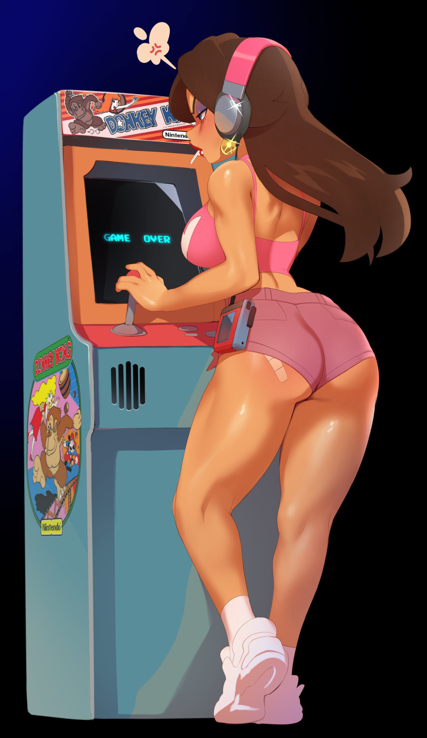 1girl absurdres anger_vein arcade_cabinet ass back bandaid bandaid_on_ass brown_hair candy_kong candy_kong_(cosplay) combos_&amp;_doodles cosplay crop_top donkey_kong donkey_kong_(game) earrings eyeshadow from_behind gold_earrings headphones highres jewelry lipstick long_hair makeup mario pauline_(mario) red_lips shoes short_shorts shorts sneakers solo spoken_anger_vein super_mario_bros. walkman