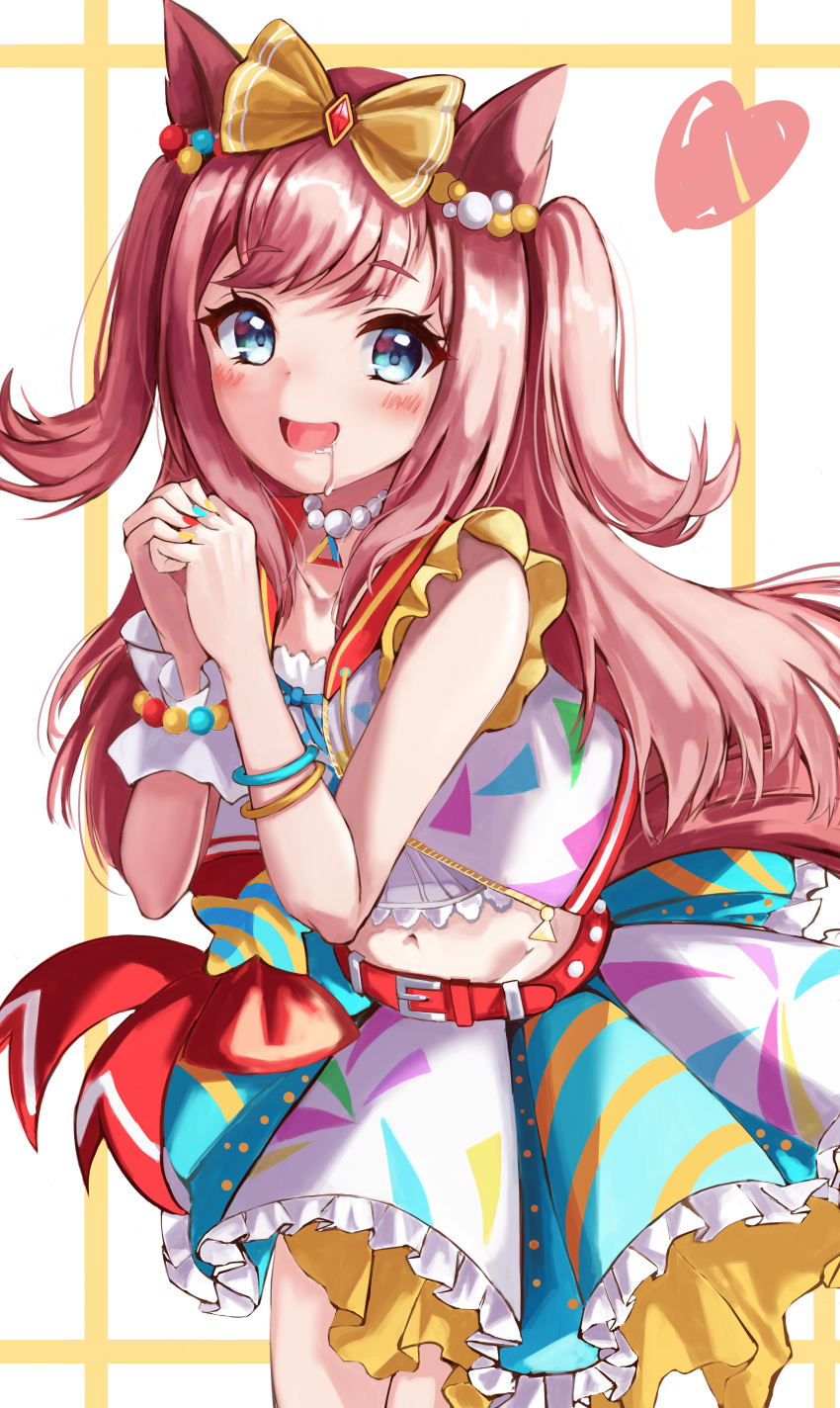 absurdres agnes_digital_(umamusume) animal_ears belly blet blue_eyes blush bow fingernails hair_bow heart highres horse_ears horse_girl horse_tail long_hair looking_at_viewer midriff open_mouth own_hands_together pink_hair saliva simple_background tail umamusume user_yrmv7377