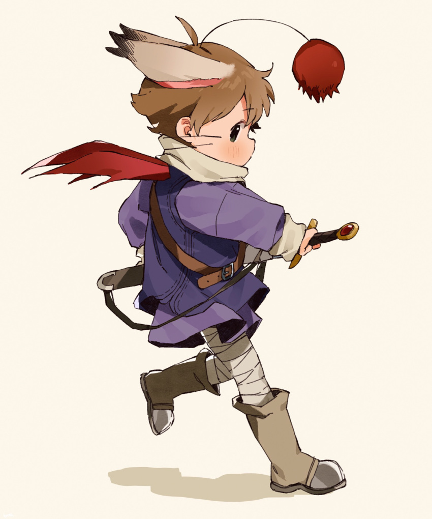 1boy ahoge animal_ears bandages bangs beige_background belt blush boots brown_hair commentary english_commentary final_fantasy from_side highres holding holding_sword holding_weapon knee_boots leg_wrap long_sleeves looking_at_viewer male_focus moogle orb personification profile red_wings scarf sheath short_hair sideways_glance simple_background solo sword thebrushking tunic unsheathing walking weapon whiskers wings