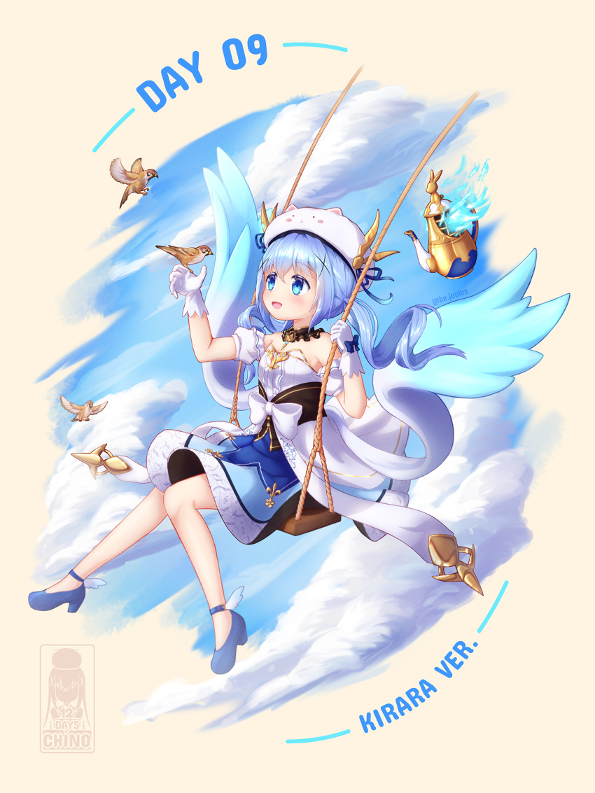 1girl :d animal_hood bird bird_on_hand black_choker blue_bow blue_eyes blue_footwear blue_hair blue_skirt bow bunny_hood choker detached_sleeves floating_hair gloves gochuumon_wa_usagi_desu_ka? hair_ornament highres hood kafuu_chino kirara_fantasia long_hair miniskirt nozo.me shiny shiny_hair short_sleeves sitting skirt smile solo strapless tippy_(gochiusa) twintails white_gloves white_sleeves x_hair_ornament