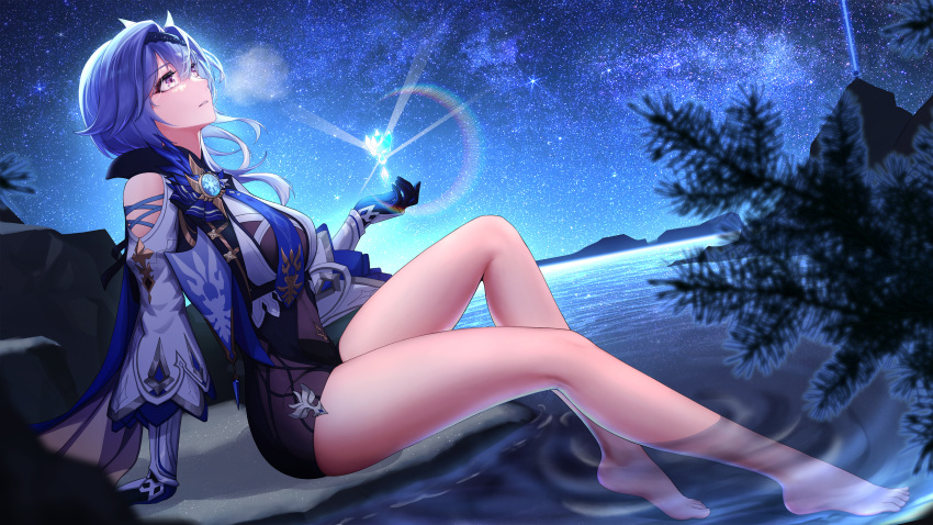1girl 958951653 absurdres arm_support bare_legs bare_shoulders barefoot black_gloves black_leotard blue_cape blue_hair blue_necktie blue_theme blurry branch breasts breath brooch cape close-up clothing_cutout crystal depth_of_field dutch_angle eula_(genshin_impact) from_side full_body genshin_impact gloves glowing hair_intakes hairband heterochromia highres jewelry knee_up lake layered_sleeves leaning_back leotard long_hair long_sleeves looking_away looking_up mountainous_horizon nature necktie night night_sky outdoors outstretched_hand parted_lips ripples rock shoulder_cutout sky soaking_feet solo sparkle star_(sky) stargazing starry_sky two-sided_cape two-sided_fabric violet_eyes yellow_eyes