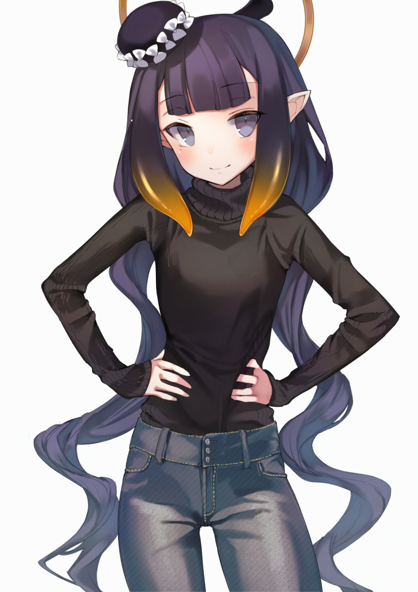 1girl alternate_costume bangs black_hair black_sweater blunt_bangs commentary cowboy_shot curly_hair denim eyebrows_visible_through_hair halo hands_on_hips hat highres hololive hololive_english jeans long_hair looking_at_viewer mole mole_under_eye nerutora ninomae_ina'nis pants pointy_ears simple_background sleeves_past_wrists smile solo sweater tilted_headwear turtleneck turtleneck_sweater very_long_hair violet_eyes virtual_youtuber white_background