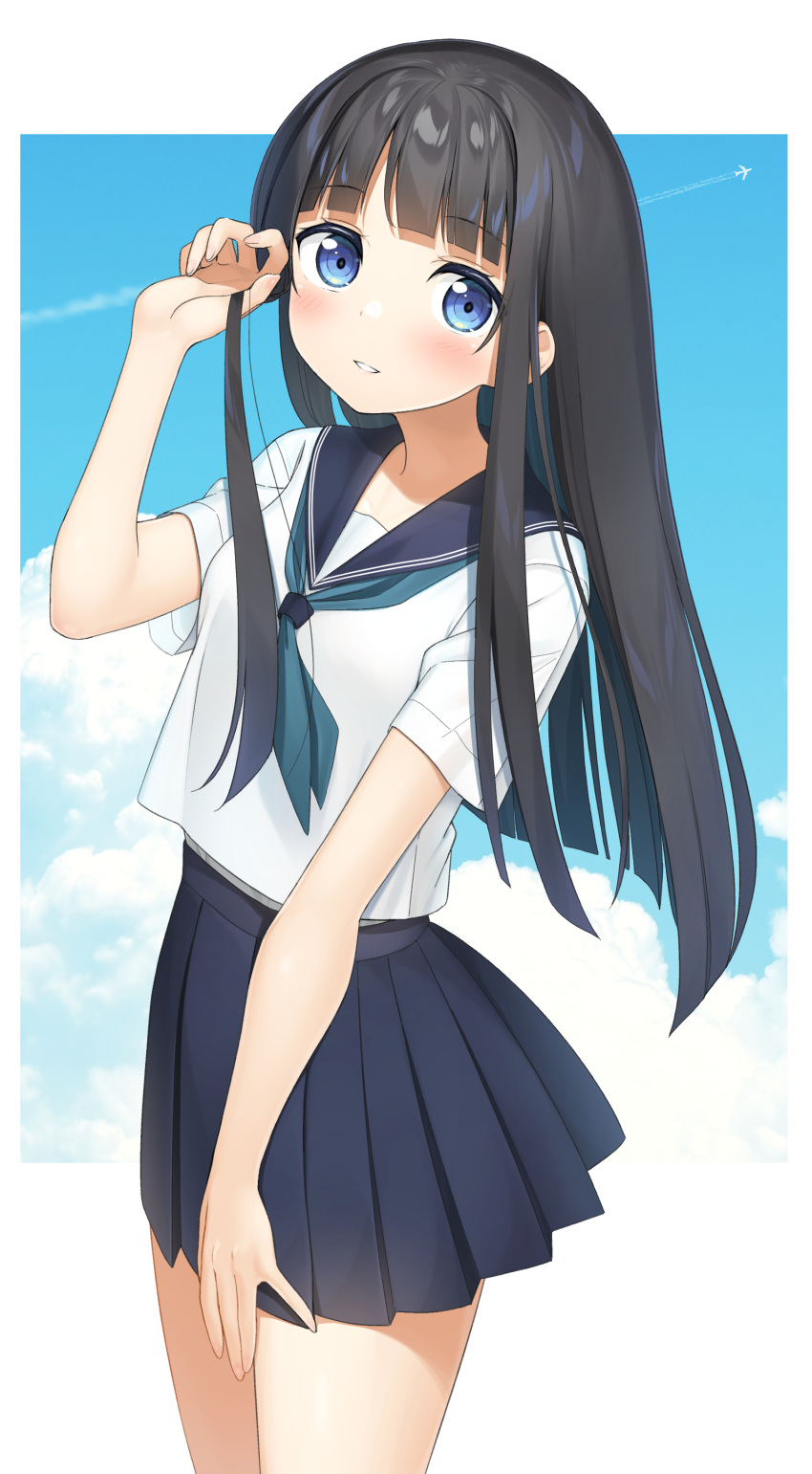 1girl absurdres aircraft airplane apollo_(hu_maple) bangs black_hair black_sailor_collar black_skirt blue_eyes blue_neckwear blue_sky blunt_bangs blush breasts clouds commentary_request commission contrail day hand_up highres long_hair looking_at_viewer neckerchief original parted_lips pleated_skirt sailor_collar school_uniform serafuku short_sleeves skeb_commission skirt sky small_breasts smile solo very_long_hair