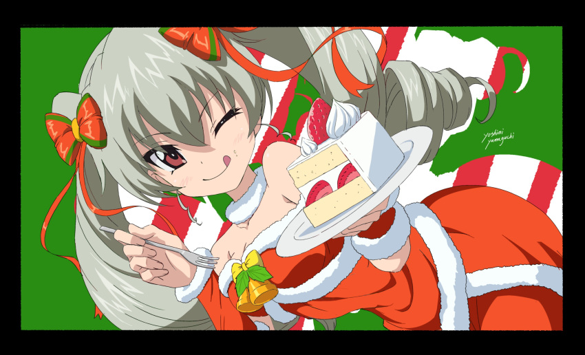 1girl ;q alternate_costume anchovy_(girls_und_panzer) bangs bare_shoulders bell black_border border bow cake christmas closed_mouth commentary_request detached_sleeves dress drill_hair dutch_angle eyebrows_visible_through_hair food food_on_face fork fruit fur-trimmed_dress fur-trimmed_sleeves fur_collar fur_trim girls_und_panzer green_hair hair_bow hair_ribbon highres holding holding_fork holding_plate long_hair looking_at_viewer one_eye_closed partial_commentary plate red_bow red_dress red_eyes red_ribbon red_sleeves ribbon santa_dress smile solo strapless strapless_dress strawberry tongue tongue_out twin_drills twintails yamaguchi_yoshimi