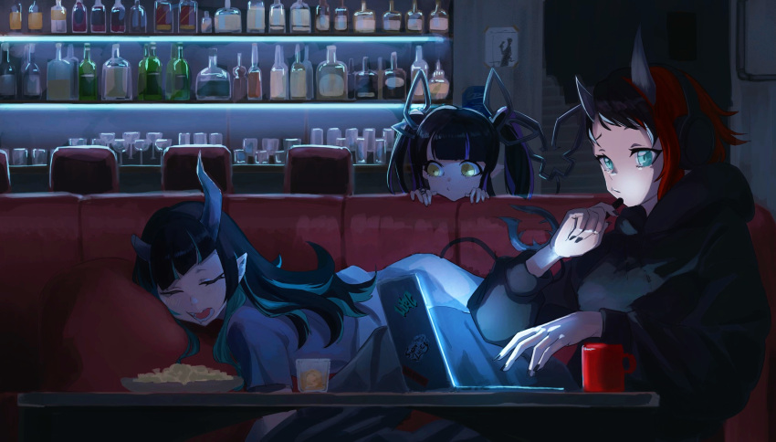 3girls alternate_costume bangs bar black_hair black_hoodie black_jacket black_nails black_pants blue_eyes blue_hair blue_shirt bottle closed_eyes closed_mouth commentary computer couch cup demon_girl demon_horns demon_tail drinking_glass english_commentary feet_out_of_frame gin_(tttetu123) highres holding holding_pen hood hoodie horns indoors jacket kojo_anna laptop long_hair looking_at_another looking_at_viewer looking_to_the_side lying mug multicolored_hair multiple_girls nail_polish on_couch on_stomach open_mouth pants pen plate pointy_ears purple_hair redhead ryugasaki_rene sake_bottle shirt shishio_chris short_hair sleeping stairs sugar_lyric table tail twintails two-tone_hair virtual_youtuber wine_bottle wine_glass yellow_eyes