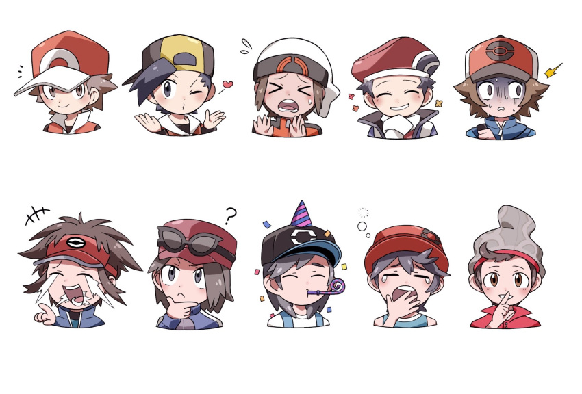 &gt;_&lt; +++ 6+boys ? bangs baseball_cap beanie blue_jacket blush brendan_(pokemon) brown_eyes brown_hair bubble calem_(pokemon) chin_stroking closed_mouth commentary_request confetti elio_(pokemon) ethan_(pokemon) flying_teardrops grey_headwear gu_1156 hat heart highres hilbert_(pokemon) index_finger_raised jacket laughing long_sleeves lucas_(pokemon) multiple_boys nate_(pokemon) notice_lines one_eye_closed open_mouth party_hat pokemon pokemon_(game) pokemon_bw pokemon_bw2 pokemon_dppt pokemon_frlg pokemon_hgss pokemon_oras pokemon_platinum pokemon_sm pokemon_swsh pokemon_usum pokemon_xy red_(pokemon) red_headwear scarf shirt short_hair sleeveless sleeveless_shirt spiky_hair tearing_up teeth tongue victor_(pokemon) visor_cap white_headwear white_scarf yawning zipper_pull_tab