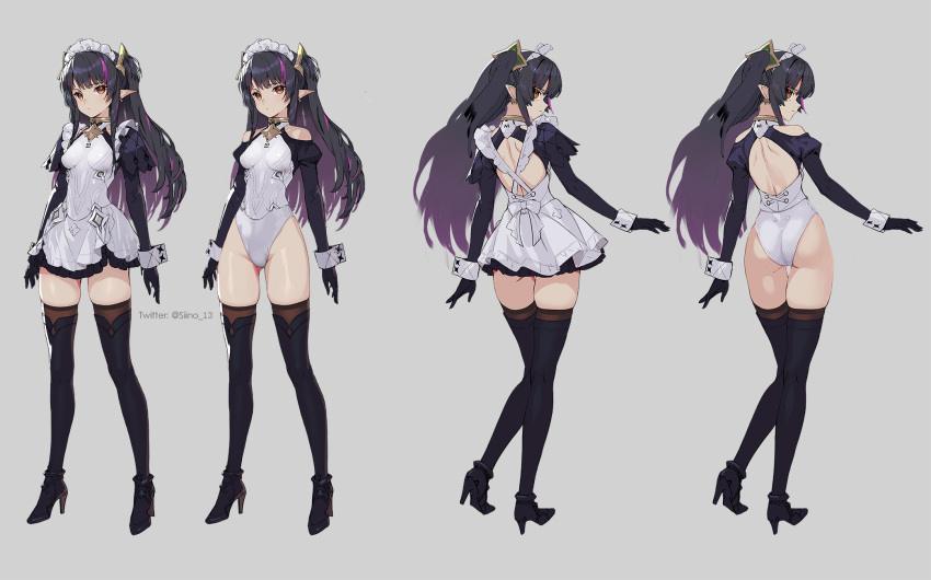 1girl artist_name ass bangs black_footwear black_hair black_legwear boots breasts brown_eyes clothing_cutout commentary_request dress full_body gloves grey_background hair_ornament high_heel_boots high_heels highleg highleg_leotard highres leotard long_hair long_sleeves looking_at_viewer looking_back maid maid_headdress multicolored_hair multiple_views original pointy_ears puffy_sleeves purple_hair shiny shiny_hair shiny_skin short_dress shoulder_cutout siino simple_background small_breasts standing thigh-highs thigh_boots two-tone_hair wrist_cuffs zettai_ryouiki