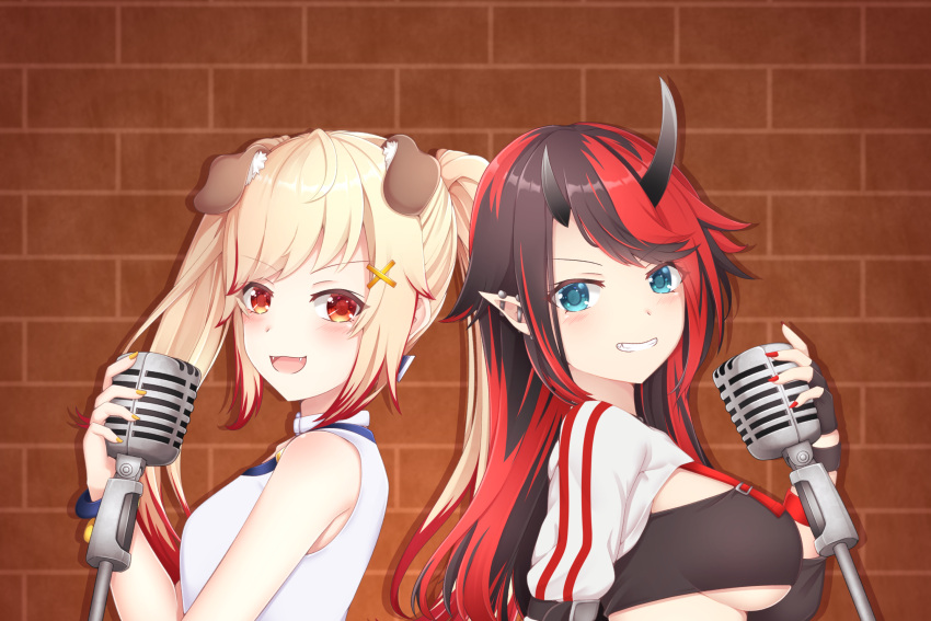 2girls animal_ears animare arm_strap bangs bikini bikini_top black_bikini black_hair blonde_hair blue_eyes blush breasts brick_wall choker commentary_request compression_sleeve demon_girl demon_horns dog_ears ear_piercing eyebrows_visible_through_hair fangs grin hair_ornament highres holding holding_microphone horns jacket large_breasts long_hair looking_at_viewer looking_to_the_side medium_breasts microphone multicolored_hair multiple_girls nail_polish official_alternate_costume open_mouth piercing pointy_ears red_nails redhead rin_(0917608) ryugasaki_rene seshima_rui shirt shrug_(clothing) sleeveless sleeveless_shirt smile striped striped_jacket studio_microphone sugar_lyric swimsuit twintails two-tone_hair under_boob upper_body virtual_youtuber white_jacket white_shirt x_hair_ornament yellow_nails