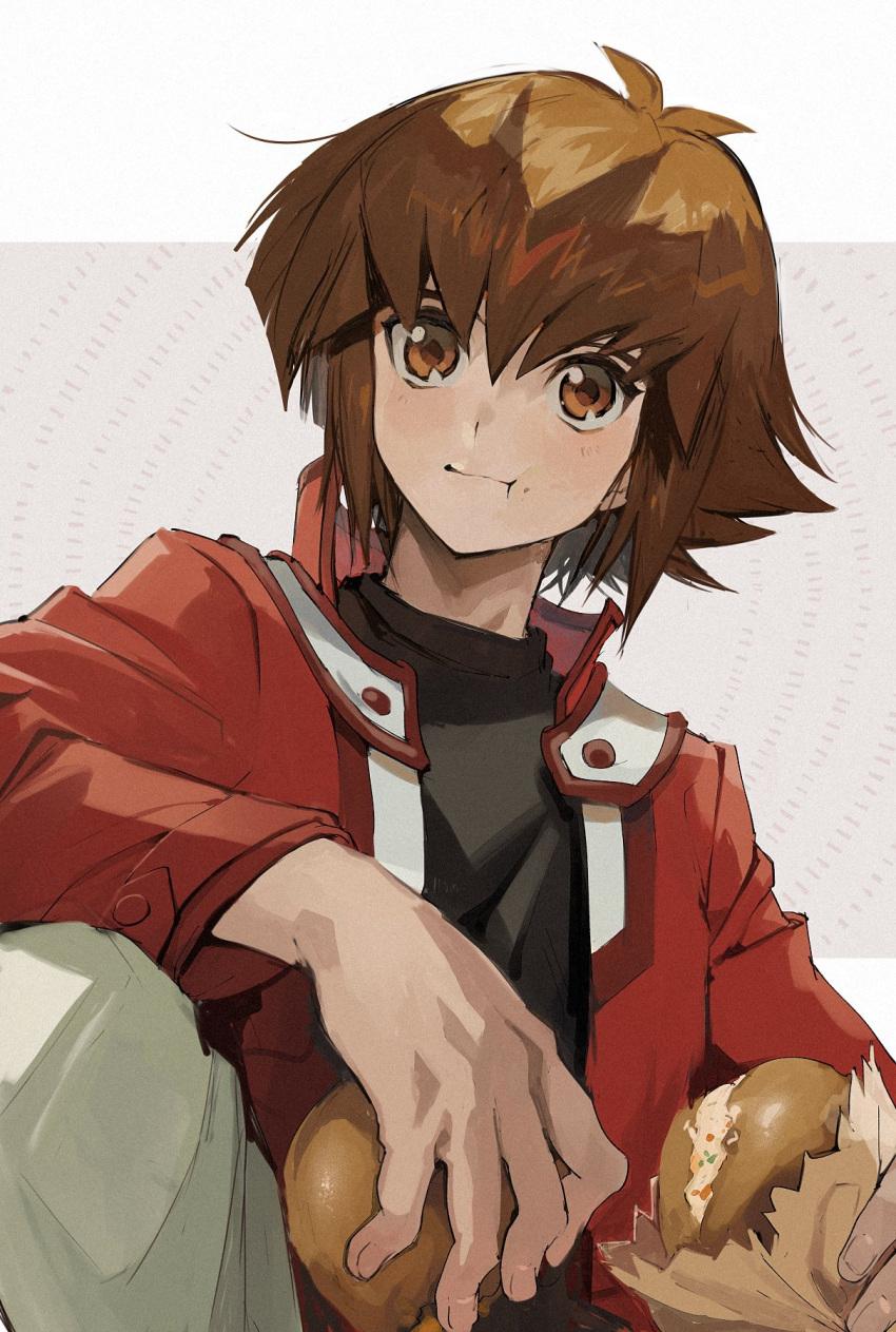 1boy aoki_(fumomo) bangs black_shirt bread brown_eyes brown_hair closed_mouth duel_academy_uniform_(yu-gi-oh!_gx) food hair_between_eyes highres holding holding_food jacket long_sleeves looking_at_viewer male_focus open_clothes open_jacket pants red_jacket shirt short_hair sitting smile solo symbol-only_commentary two-tone_background white_background yu-gi-oh! yu-gi-oh!_gx yuuki_juudai