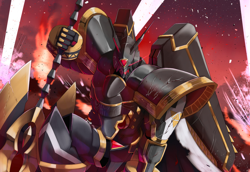 alphamon alphamon_ouryuuken armor artist_name broken_armor cape commentary crack digimon digimon_(creature) eye_trail holding holding_sword holding_weapon horns looking_at_viewer mecha no_humans one_eye_covered one_knee outdoors red_eyes ryo@ solo sword torn_cape torn_clothes weapon white_cape