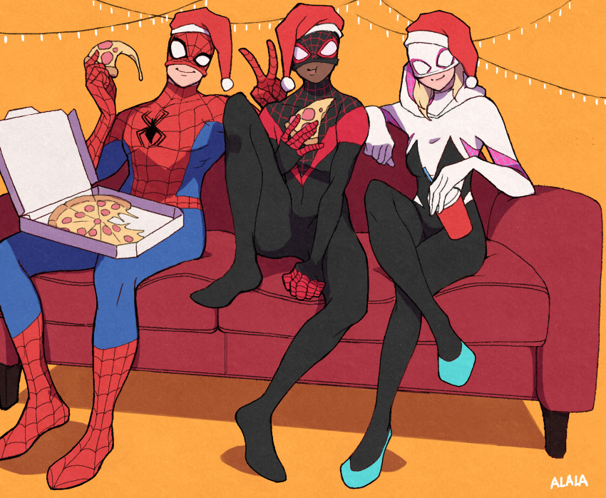 1girl 2boys blonde_hair bodysuit christmas christmas_lights couch crossed_legs cup disposable_cup drinking_straw emblem food gwen_stacy hat highres hooded_bodysuit looking_at_viewer marvel mask miles_morales multiple_boys orange_background peter_parker pizza pizza_box pizza_slice santa_hat smile spider-gwen spider-man spider-man_(miles_morales) spider-man_(series) spider_web_print sushi_pizza_rrr