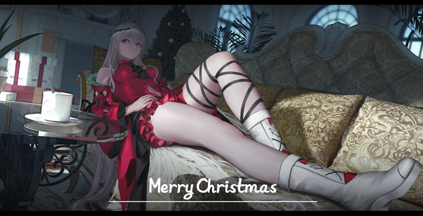 1girl absurdres arknights ascot bare_shoulders black_ascot black_ribbon boots breasts chinese_commentary christmas_present christmas_tree clothing_cutout commentary_request couch cup dress full_body gift hair_ornament hand_on_own_stomach highres indoors knee_up leg_ribbon letterboxed long_hair long_sleeves looking_away medium_breasts merry_christmas navel navel_cutout no_hat no_headwear official_alternate_costume on_couch parted_lips partial_commentary reclining red_dress red_eyes ribbon sideways_glance silver_hair sitting skadi_(arknights) skadi_the_corrupting_heart_(arknights) solo thighs white_footwear wide_sleeves zfivez