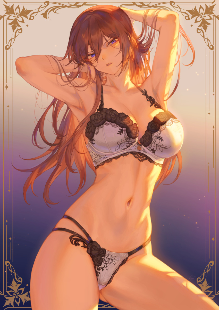 1girl armpits arms_behind_head arms_up bangs bare_shoulders blush bra breasts brown_hair collarbone commentary_request gradient gradient_background highleg highleg_panties highres lingerie long_hair looking_at_viewer mashuu_(neko_no_oyashiro) medium_breasts navel oomikado_aoi open_mouth original panties purple_background shiny shiny_hair simple_background stomach thighs underwear underwear_only violet_eyes