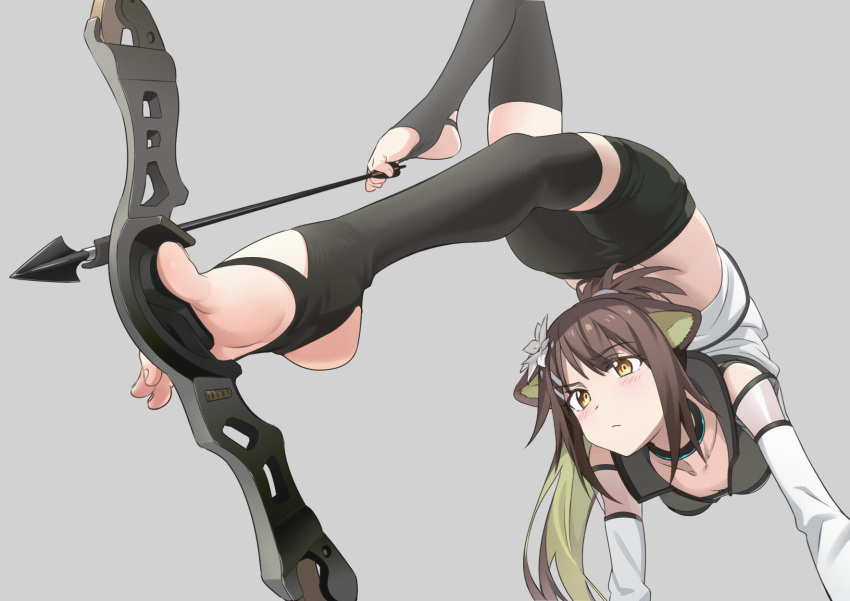 1girl animal_ears arknights arrow_(projectile) bare_shoulders black_legwear black_shorts blush bow_(weapon) brown_hair closed_mouth collar collarbone colored_inner_hair detached_sleeves drawing_bow eyebrows_visible_through_hair feet flexible flower folinic_(arknights) folinic_(lasting_arrowroot)_(arknights) foot_focus foot_hold green_hair grey_background grey_shirt hair_flower hair_ornament hairclip handstand highres holding holding_bow_(weapon) holding_weapon infection_monitor_(arknights) legs liang_chan_xing_make_tu multicolored_hair no_shoes official_alternate_costume raised_eyebrow see-through_sleeves shirt shorts simple_background sleeveless sleeveless_shirt solo stirrup_legwear toeless_legwear toeless_socks toenails toes two-tone_hair two-tone_shirt weapon white_flower white_shirt white_sleeves yellow_eyes