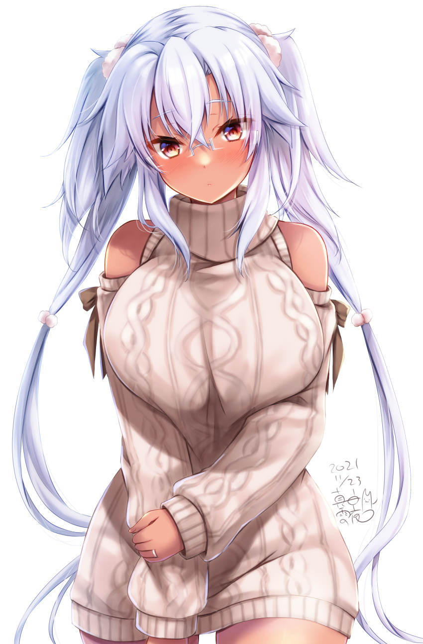 1girl absurdres artist_name bare_shoulders blush breasts brown_eyes closed_mouth cowboy_shot dated glasses hair_between_eyes highres jewelry kantai_collection large_breasts long_hair looking_at_viewer mashiro_yukiya musashi_(kancolle) ring signature silver_hair simple_background solo sweater two_side_up wedding_band white_background white_sweater