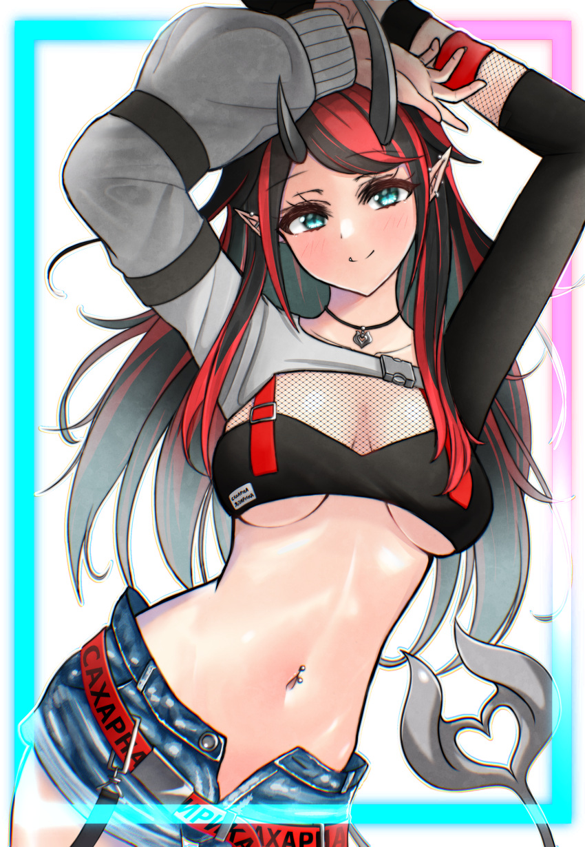 1girl absurdres arm_strap arms_up bangs belt bikini bikini_top black_bikini black_hair blue_eyes blue_shorts blush breasts closed_mouth commentary_request contrapposto cowboy_shot demon_girl demon_horns demon_tail ear_piercing eyebrows_visible_through_hair fishnet_top fishnets highres horns jewelry large_breasts long_hair looking_at_viewer loose_belt midriff multicolored_hair navel navel_piercing necklace neon_trim official_alternate_costume open_fly piercing pointy_ears red_belt redhead russian_text ryugasaki_rene sanada_shinka short_shorts shorts shrug_(clothing) single_sleeve smile solo sugar_lyric suspenders swimsuit tail transparent_background two-tone_hair under_boob virtual_youtuber