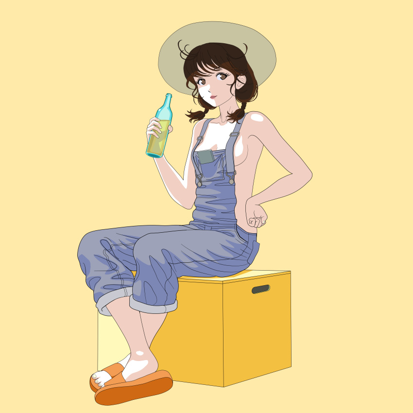 1girl absurdres bangs black_hair blue_overalls bottle breasts brown_eyes bwhitsudi crossed_legs full_body grey_headwear hand_on_hip hat highres holding holding_bottle medium_breasts naked_overalls orange_footwear original overalls sandals shadow sideboob simple_background sitting smile solo twintails yellow_background