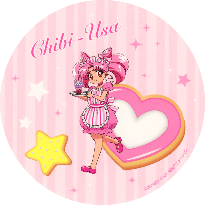 1990s_(style) 1girl apron bangs bishoujo_senshi_sailor_moon bow chibi_usa choker double_bun dress eyebrows_visible_through_hair full_body hair_bow headdress heart highres holding holding_tray long_hair looking_at_viewer mary_janes no_socks official_art pink_dress pink_footwear pink_neckwear pink_theme puffy_sleeves red_eyes retro_artstyle sailor_chibi_moon shoes short_dress short_sleeves smile solo star_(symbol) striped striped_apron tray twintails wristband