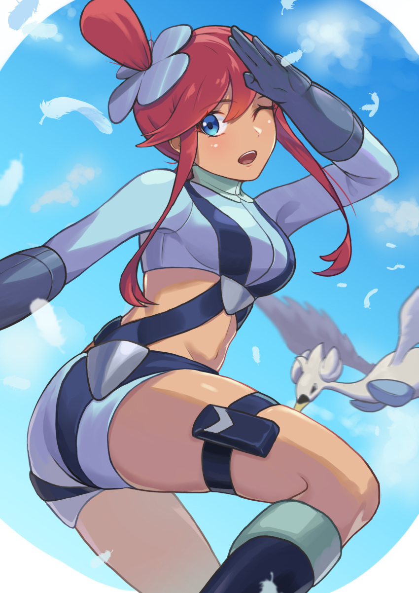 1girl absurdres ass blue_eyes blue_gloves breasts crop_top dark-skinned_female dark_skin feathers feet gloves hair_bun hair_ornament highres medium_breasts navel one_eye_closed open_mouth pokemon pokemon_(game) pokemon_bw redhead salute shorts skyla_(pokemon) solo_focus suspenders swanna tan teeth thigh_strap uha upper_teeth