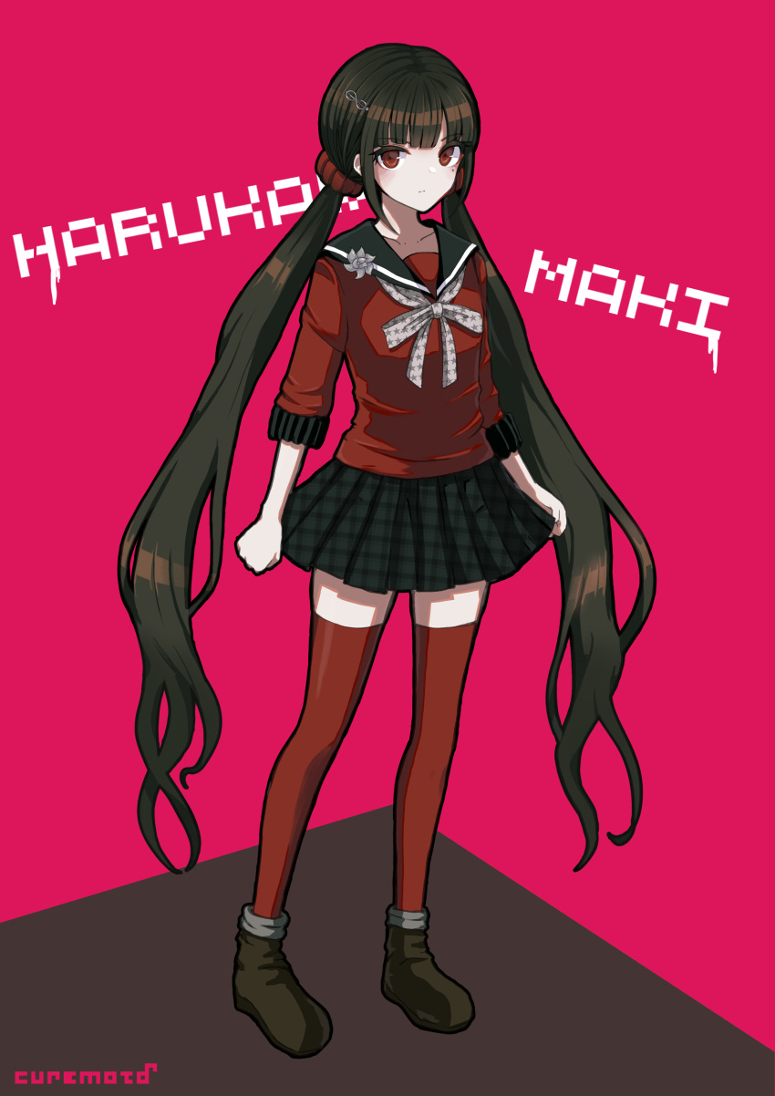 1girl absurdres artist_name bangs black_sailor_collar black_skirt blunt_bangs bow bowtie brown_footwear brown_hair character_name clenched_hands closed_mouth collarbone commentary_request danganronpa_(series) danganronpa_v3:_killing_harmony eyebrows_visible_through_hair grey_bow grey_bowtie hair_ornament hairclip harukawa_maki highres kyua_moto long_hair long_sleeves looking_at_viewer low_twintails mole mole_under_eye plaid plaid_skirt pleated_skirt polka_dot polka_dot_bow red_background red_eyes red_legwear red_scrunchie red_shirt sailor_collar school_uniform scrunchie shirt shoes simple_background skirt thigh-highs twintails