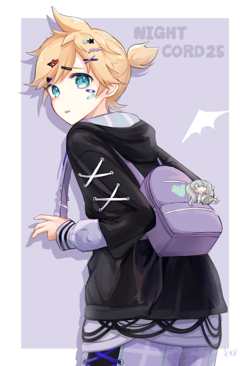 1boy 25-ji_miku 25-ji_night_code_de._(project_sekai) ahoge backpack bag bag_charm bandaid bandaid_on_cheek bandaid_on_face bangs blonde_hair blue_eyes character_doll charm_(object) cross-laced_sleeves cross-laced_slit from_behind hair_ornament hairclip hatsune_miku heart heart_hair_ornament highres holding_strap hood hoodie kagamine_len ktori looking_back male_focus pants parted_lips pixel_heart plaid plaid_pants ponytail project_sekai short_hair solo two-sided_fabric vocaloid x_hair_ornament