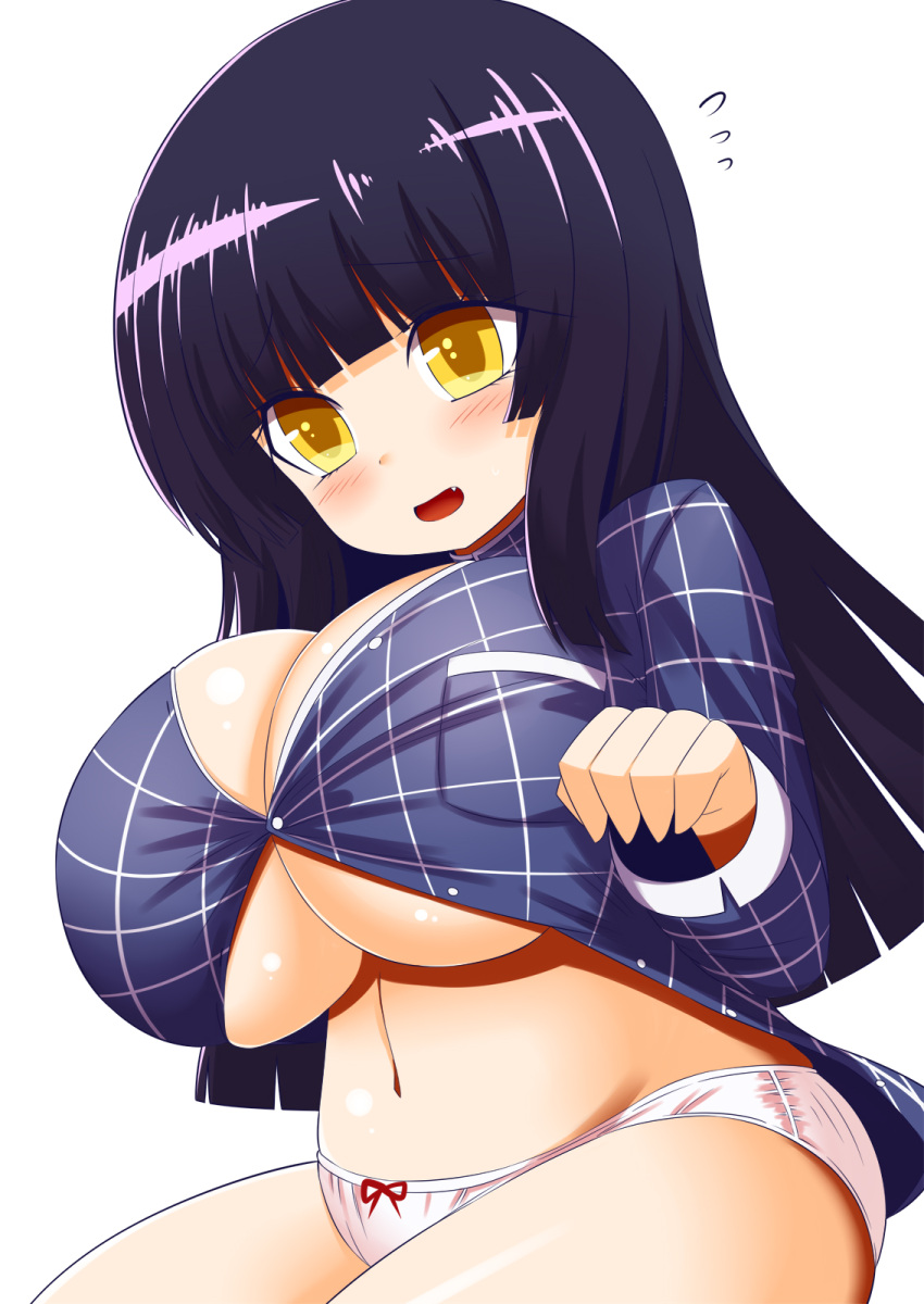 1girl :d blue_hair blush_stickers breasts fang flying_sweatdrops highres hime_cut huge_breasts long_hair navel open_mouth oppai_loli panties plaid plaid_shirt shirt simple_background smile solo star_sapphire touhou underwear white_background xialu_zajin yellow_eyes