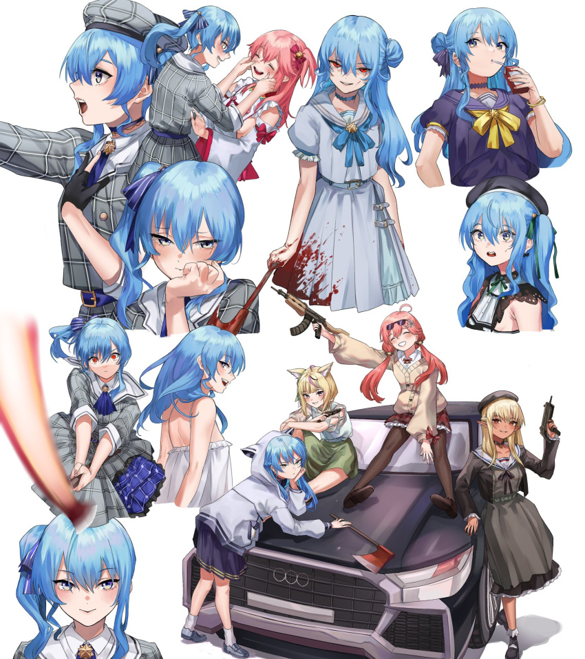 4girls alternate_costume animal_ears animal_hood ascot audi axe bangs bare_legs bell belt belt_buckle beret black_belt black_choker black_dress black_footwear black_gloves black_headwear black_legwear blonde_hair blood_on_axe blue_ascot blue_belt blue_bow blue_bowtie blue_choker blue_eyes blue_hair blue_jacket blue_ribbon blue_shirt blush boots bow bow_earrings bow_skirt bowtie breasts brown_jacket buckle buttons car cardigan cherry_blossoms choker closed_mouth clothing_cutout collared_dress collared_shirt colored_inner_hair cross-laced_footwear cup dark-skinned_female dark_skin double-breasted dress earrings elf eredhen eyebrows_visible_through_hair eyes_visible_through_hair fennec_fox flower fox_ears fox_girl fox_tail from_side garter_straps gloves green_dress green_eyes green_ribbon grey_footwear grey_headwear grey_jacket grey_skirt ground_vehicle gun hair_bell hair_between_eyes hair_flower hair_ornament hair_ribbon hat heart heart-shaped_pupils highres holding holding_axe holding_gun holding_weapon hololive hood hood_up hoshimachi_suisei jacket japanese_clothes jewelry jingle_bell kimono kneehighs lace lace_choker lace_sleeves long_hair long_sleeves looking_at_viewer medium_hair miniskirt motor_vehicle multicolored_hair multiple_girls neck_bell neck_ribbon no_hat no_headwear nontraditional_miko obi off_shoulder official_alternate_costume omaru_polka one_side_up open_clothes open_jacket pantyhose partially_fingerless_gloves peaked_cap pendant pink_hair plaid plaid_dress plaid_headwear plaid_jacket plaid_skirt pleated_skirt pointy_ears rain red_skirt ribbon rifle sailor_collar sailor_dress sakura_miko sash school_uniform semi-rimless_eyewear serafuku shiranui_flare shirt short_dress short_hair short_sleeves shoulder_cutout side_ponytail sidelocks signature single_kneehigh single_thighhigh sitting_on_vehicle skirt skirt_set sleeveless smile socks star_(symbol) star_bracelet star_choker star_earrings star_in_eye streaked_hair stuffed_animal stuffed_cat stuffed_toy sunglasses symbol-shaped_pupils symbol_in_eye tail thigh-highs thigh_strap tilted_headwear twintails umbrella upper_body violet_eyes virtual_youtuber weapon white_background white_dress white_jacket white_ribbon white_sailor_collar white_shirt white_skirt x_hair_ornament