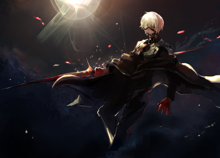 1boy alternate_costume bangs black_coat black_eyepatch black_pants brown_background closed_mouth coat commentary_request eyebrows_visible_through_hair eyepatch feet_out_of_frame gloves highres holding kaneki_ken kyuuba_melo long_sleeves male_focus pants red_eyes red_gloves short_hair solo tokyo_ghoul weapon white_hair