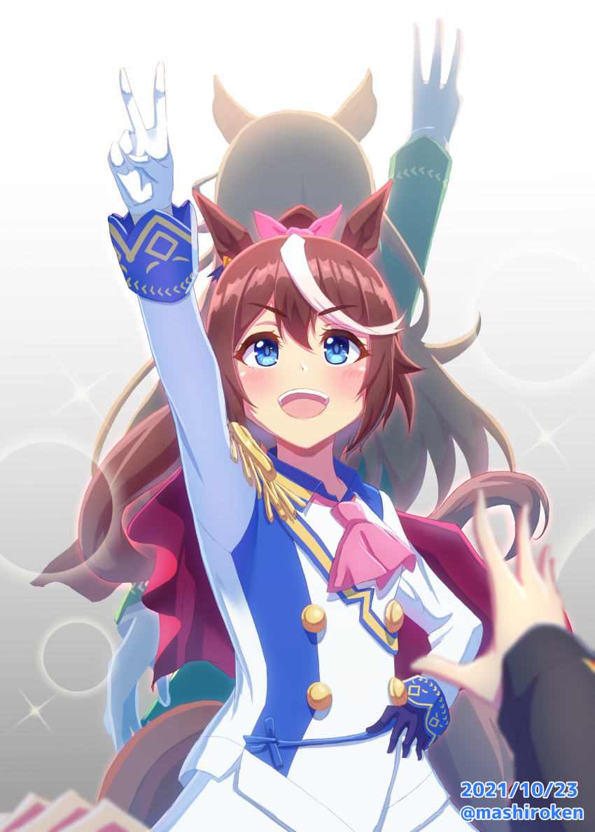 1other 2girls absurdres animal_ears back back-to-back bangs blue_gloves bow breasts brown_hair eyebrows_behind_hair eyebrows_visible_through_hair gloves highres horse_ears horse_tail long_hair mashiroken07 multiple_girls pointing pointing_up ponytail reaching_out symboli_rudolf_(umamusume) tail tokai_teio_(umamusume) umamusume uniform victory_pose white_gloves