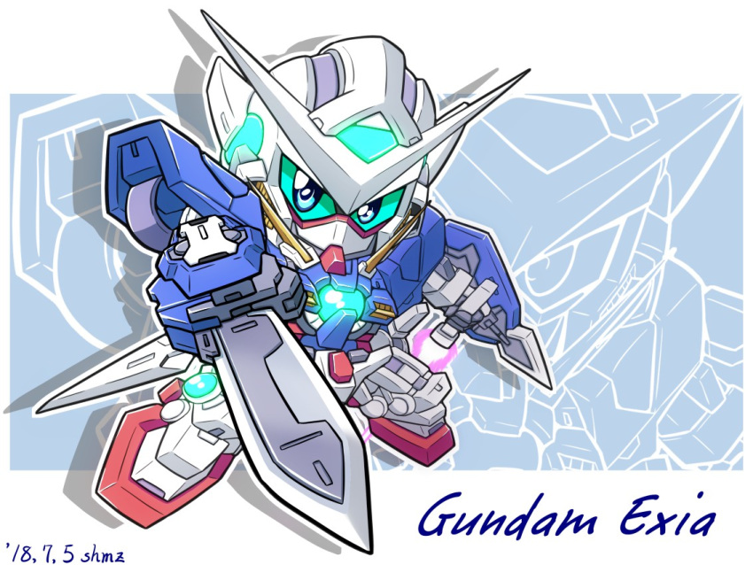 artist_name beam_saber blue_eyes character_name chibi colored_sclera commentary_request dated dual_wielding energy_sword english_text green_sclera gundam gundam_00 gundam_exia holding looking_at_viewer mecha mobile_suit no_humans sd_gundam shield shokkaa_(shmz61312) solo sword v-fin weapon