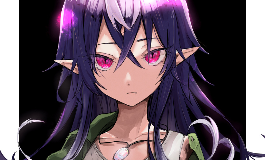 1girl akebisousaku black_background closed_mouth commentary_request fang green_jacket hair_between_eyes highres irina_luminesk jacket jewelry long_hair looking_at_viewer multicolored_hair partial_commentary pendant pink_eyes pointy_ears purple_hair shirt simple_background slit_pupils solo tsuki_to_laika_to_nosferatu upper_body white_shirt