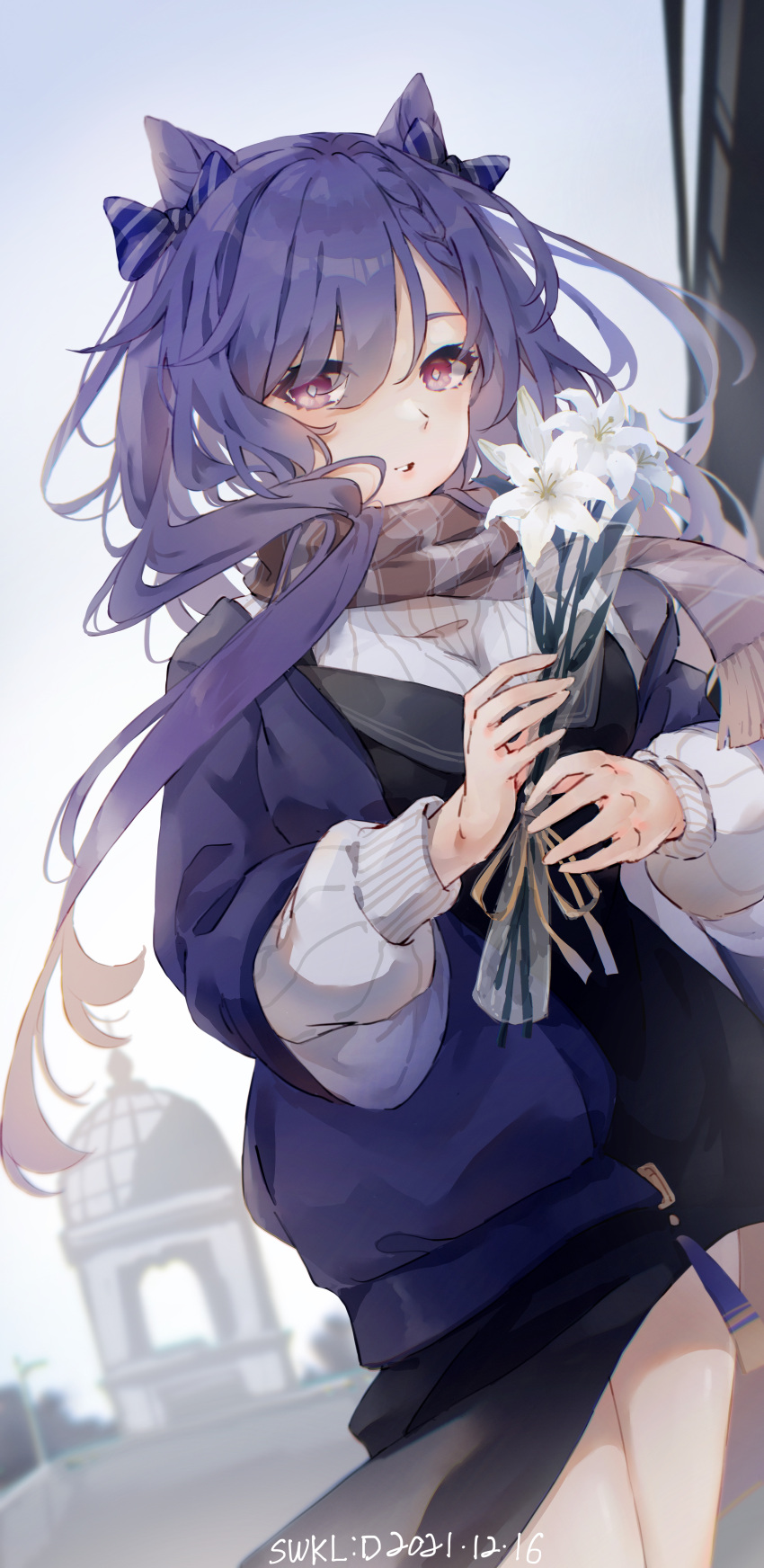 1girl absurdres alternate_costume artist_name bangs black_vest blue_jacket blush bouquet braid buttons chinese_commentary commentary_request dated flower genshin_impact hair_cones highres holding holding_bouquet jacket keqing_(genshin_impact) long_hair long_sleeves looking_at_viewer open_mouth purple_hair scarf single_braid solo standing sweater swkl:d thighs vest violet_eyes white_flower white_sweater