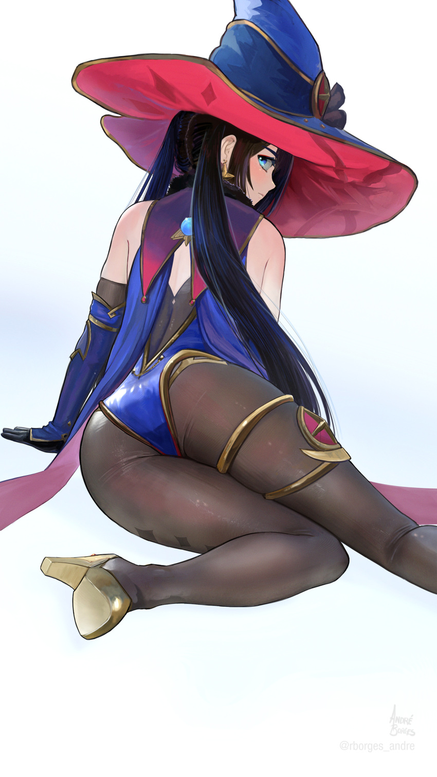 1girl absurdres andre_borges black_gloves black_hair black_legwear blue_eyes blue_headwear blue_leotard blue_sleeves blush closed_mouth detached_sleeves genshin_impact gloves hat high_heels highres leotard long_hair looking_at_viewer looking_back mona_(genshin_impact) pantyhose shiny shiny_clothes shiny_legwear simple_background solo twintails very_long_hair white_background witch_hat