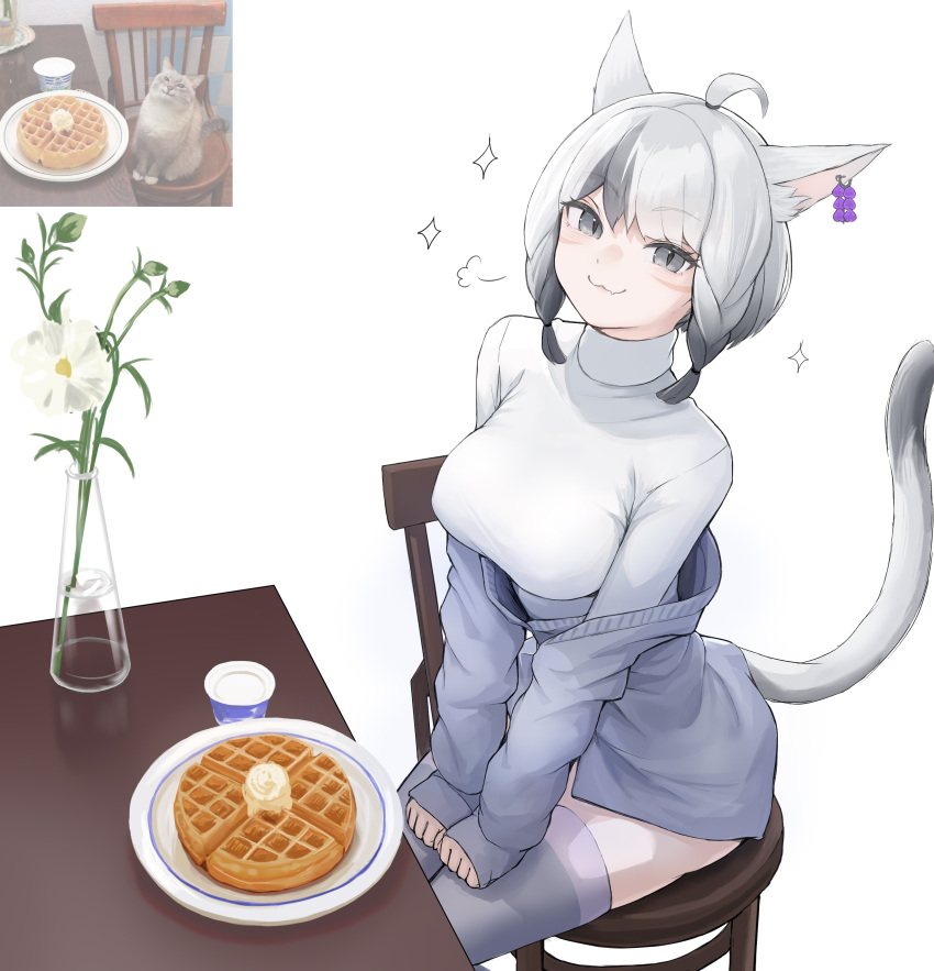 1girl :3 absurdres ahoge animal_ears avatar_(ffxiv) bangs braid breasts cat cat_ears cat_tail chair earrings eyebrows_visible_through_hair facial_mark fang final_fantasy final_fantasy_xiv flower food grey_eyes grey_hair highres jewelry looking_at_viewer medium_breasts mihato_senba miqo'te multicolored_hair off_shoulder photo-referenced reference_inset short_hair sitting skin_fang slit_pupils solo table tail thigh-highs turtleneck twin_braids two-tone_hair vase waffle whisker_markings white_background
