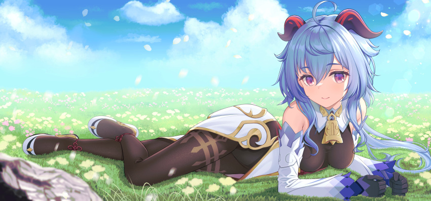 absurdres ahoge bangs bare_shoulders bell black_gloves black_legwear blue_hair blue_sky blush bodystocking bodysuit breasts clouds curled_horns detached_sleeves eyebrows_visible_through_hair field flower flower_field full_body ganyu_(genshin_impact) genshin_impact gloves gold_trim grass high_heels highres horns long_hair looking_at_viewer lying medium_breasts multicolored_eyes neck_bell on_side pelvic_curtain sidelocks sky smile solo symbol-only_commentary thighlet waist_cape white_sleeves yurin_works