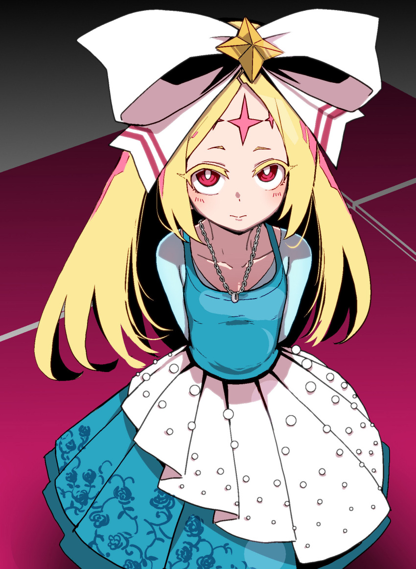 1girl arms_behind_back blonde_hair blue_dress blush closed_mouth dress flat_chest forehead_tattoo from_above hair_ribbon highres jewelry large_ribbon long_hair looking_at_viewer mahou_shoujo_ni_akogarete mengnaidu morino_korisu necklace nero_alice red_eyes ribbon smile solo tattoo thick_eyelashes very_long_hair white_ribbon